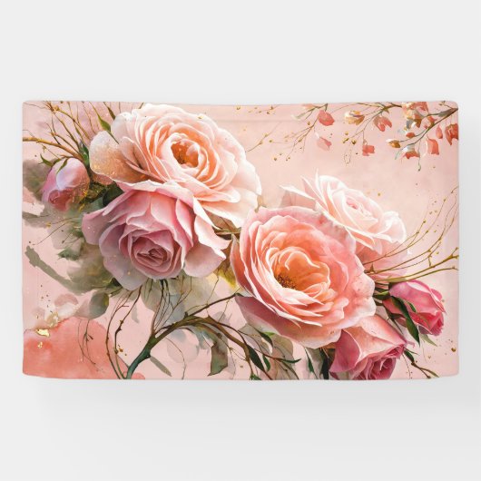 Roze Bloesem Rozen Waterverf Kunstdruk #2 Spandoek (Horizontaal)