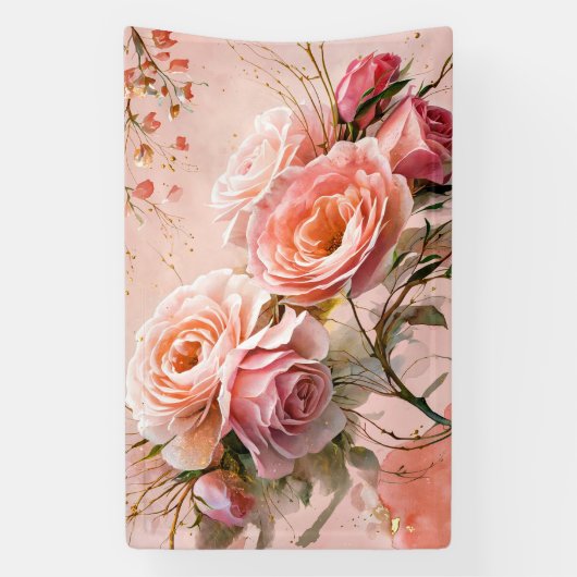 Roze Bloesem Rozen Waterverf Kunstdruk #2 Spandoek (Verticaal)