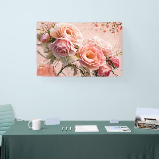Roze Bloesem Rozen Waterverf Kunstdruk #2 Spandoek (Beurs)