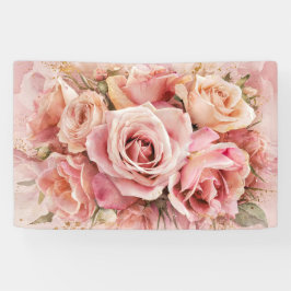 Roze Bloesem Rozen Waterverf Kunstdruk #3 Spandoek