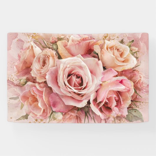 Roze Bloesem Rozen Waterverf Kunstdruk #3 Spandoek (Horizontaal)