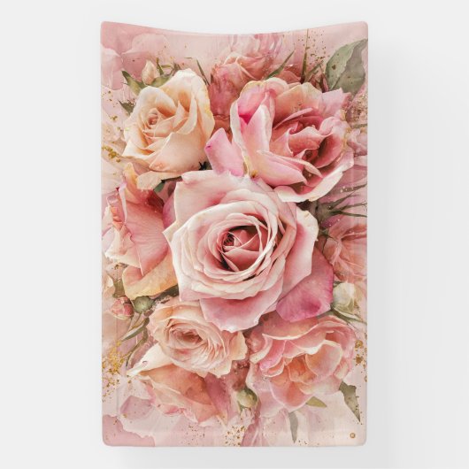 Roze Bloesem Rozen Waterverf Kunstdruk #3 Spandoek (Verticaal)