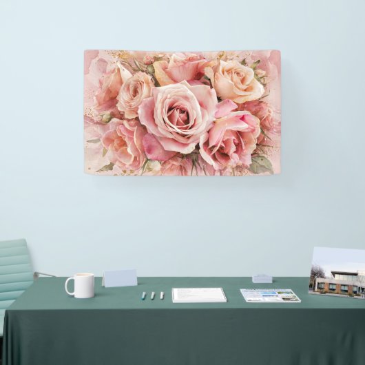 Roze Bloesem Rozen Waterverf Kunstdruk #3 Spandoek (Beurs)