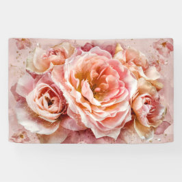Roze Bloesem Rozen Waterverf Kunstdruk #5 Spandoek