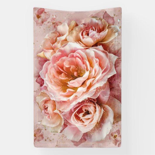 Roze Bloesem Rozen Waterverf Kunstdruk #5 Spandoek (Verticaal)