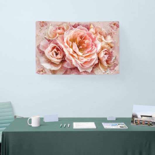 Roze Bloesem Rozen Waterverf Kunstdruk #5 Spandoek (Beurs)