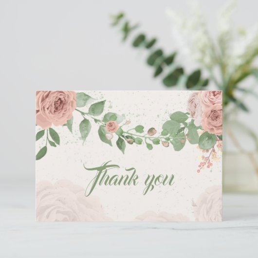 Roze Bloesem Salie Groene bladeren Bedankkaart (Staand voorkant)