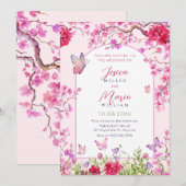 Roze bloesem vlinders bruiloft Uitnodiging (Voorkant / Achterkant)