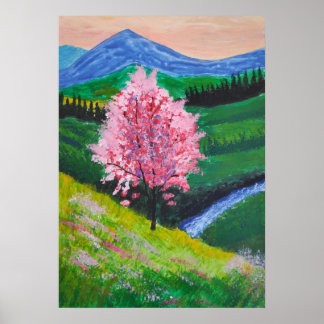 Roze Bloesemboom in groen veld Poster