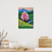Roze Bloesemboom in groen veld Poster (Keuken)