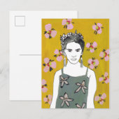 Roze bloesemdame - Geel Briefkaart (Voorkant / Achterkant)