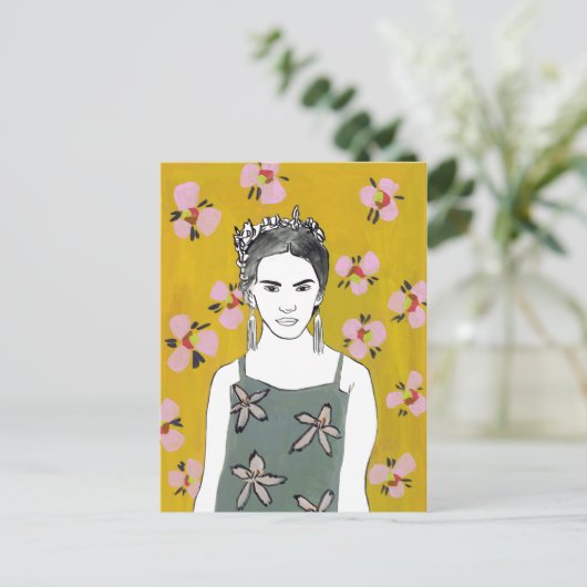 Roze bloesemdame - Geel Briefkaart (Staand voorkant)