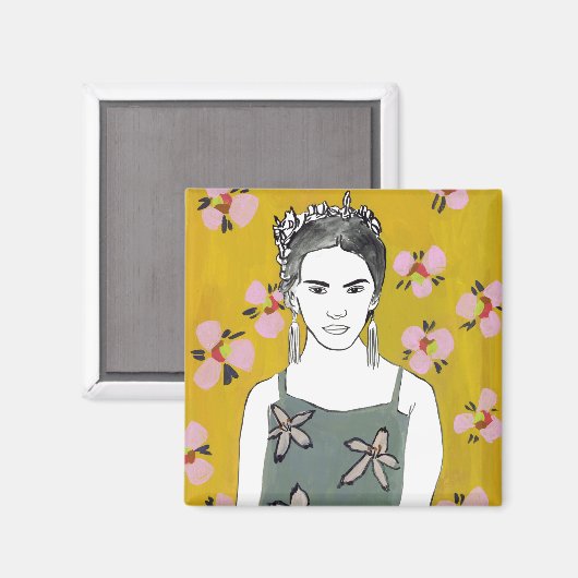 Roze bloesemdame - Geel Magneet (Voorkant / Achterkant)