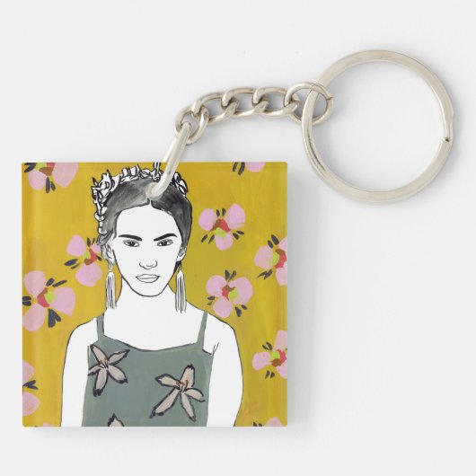 Roze bloesemdame - Geel Sleutelhanger (Achterkant)