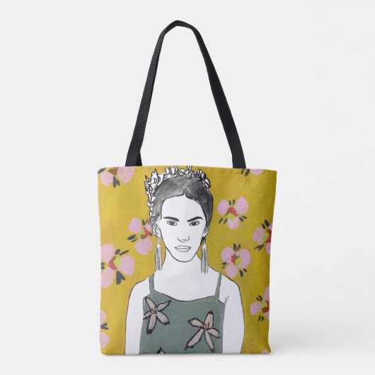 Roze bloesemdame - Geel Tote Bag (Achterkant)