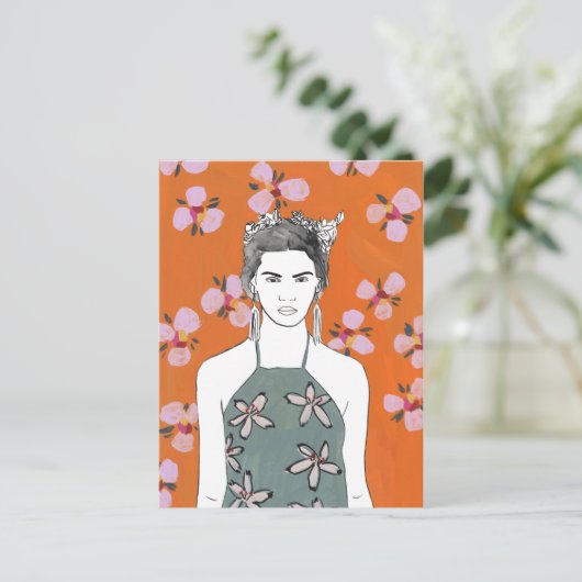 Roze bloesemdame - Oranje Briefkaart (Staand voorkant)