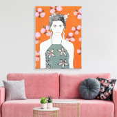 Roze bloesemdame - Oranje Canvas Afdruk (Insitu (Woonkamer))
