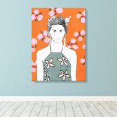Roze bloesemdame - Oranje Canvas Afdruk (Insitu (Houten vloer))