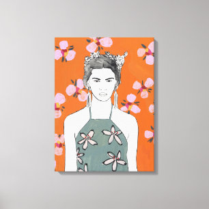 Roze bloesemdame - Oranje Canvas Afdruk