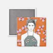 Roze bloesemdame - Oranje Magneet (Voorkant / Achterkant)