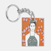 Roze bloesemdame - Oranje Sleutelhanger (Voorkant Links)