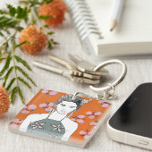 Roze bloesemdame - Oranje Sleutelhanger (Voorkant Rechts)