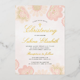 Roze bloesemmeisje Christening goud kruis echt Folie Uitnodiging