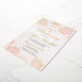 Roze bloesemmeisje Christening goud kruis echt Folie Uitnodiging (Gedraaid)