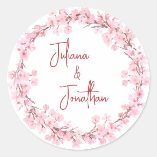 Roze Bloesems Bloem Waterverf vrouwelijke bruiloft Ronde Sticker
