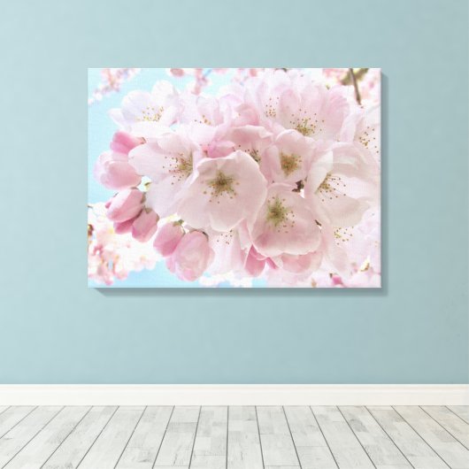 Roze bloesems Blue Sky. Canvas Afdruk (Insitu (Houten vloer))