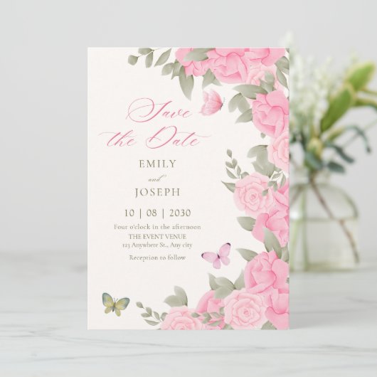 Roze bloesems bruiloft save the date (Staand voorkant)