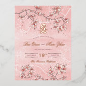 Roze bloesems Dubbelgeluk opslaan Datum Folie Uitnodiging Briefkaart (Voorkant)