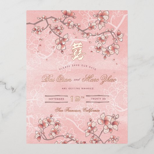 Roze bloesems Dubbelgeluk opslaan Datum Folie Uitnodiging Briefkaart (Voorkant)