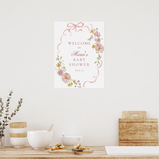 Roze Bloesems en Bogen Baby shower Welkomstbord Poster (Keuken)