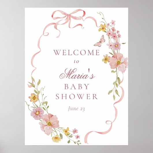 Roze Bloesems en Bogen Baby shower Welkomstbord Poster (Voorkant)