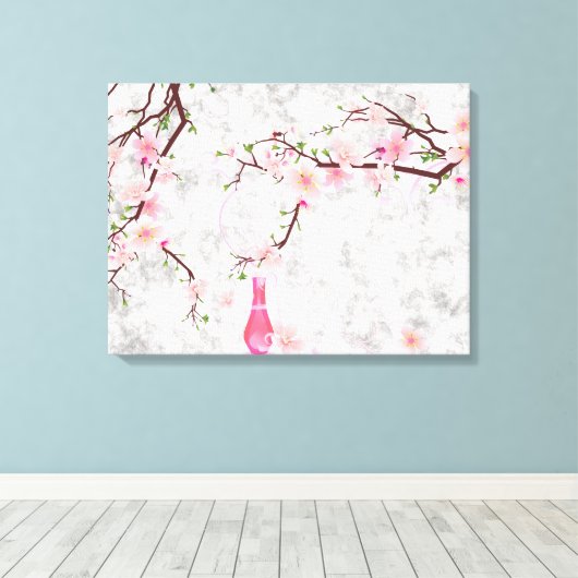 Roze bloesems en vaas canvas afdruk (Insitu (Houten vloer))