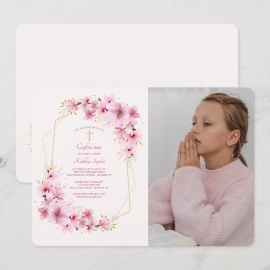 Roze Bloesems Foto Religieuze Uitnodiging (Voorkant / Achterkant)