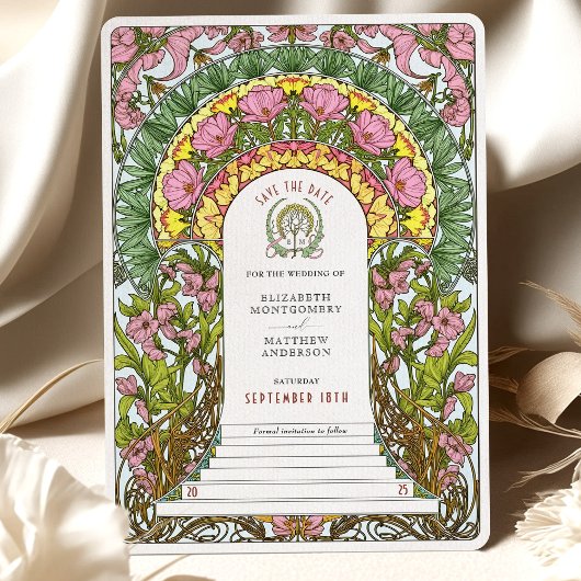 Roze bloesems & gele accenten Bewaar de datum Kaart