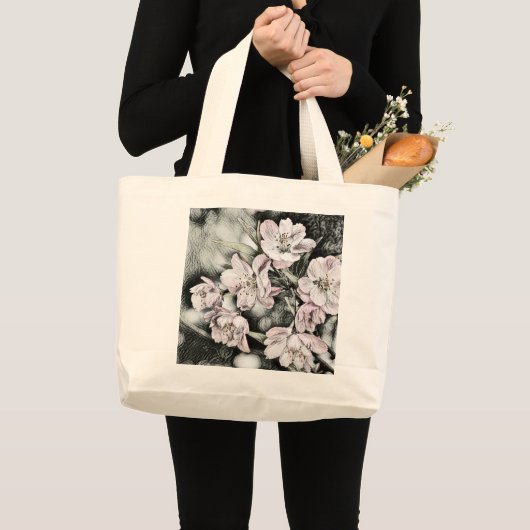  roze bloesems op een tak grote tote bag (Voorkant (product))