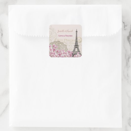 roze bloesems Paris Eiffeltoren Weddenschap Vierkante Sticker (Tas)