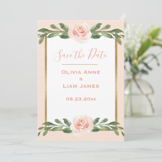 Roze bloesse elegante legante gouden bruiloft save the date (Staand voorkant)