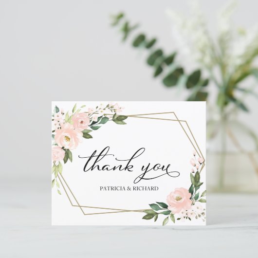 Roze bloesse geometrische bruiloft Hartelijk dank (Staand voorkant)