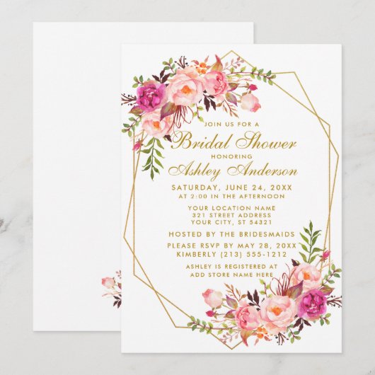 Roze bloesse Vrijgezellenfeest Gold geometric Kaart (Voorkant / Achterkant)