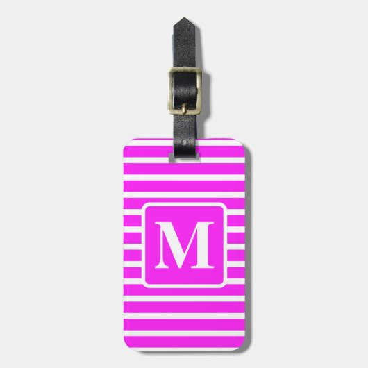 Roze blokstreep monogram bagagelabel (Voorkant verticaal)