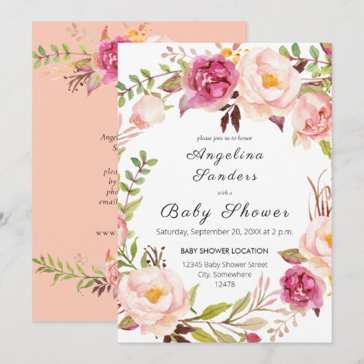 Roze blooming Blush Floral Party of Baby shower Kaart (Voorkant / Achterkant)