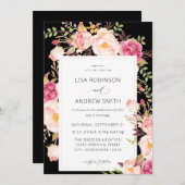 Roze blooming Blush Floral Wedding V3 Black Kaart (Voorkant / Achterkant)