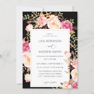 Roze blooming Blush Floral Wedding V3 Black Kaart