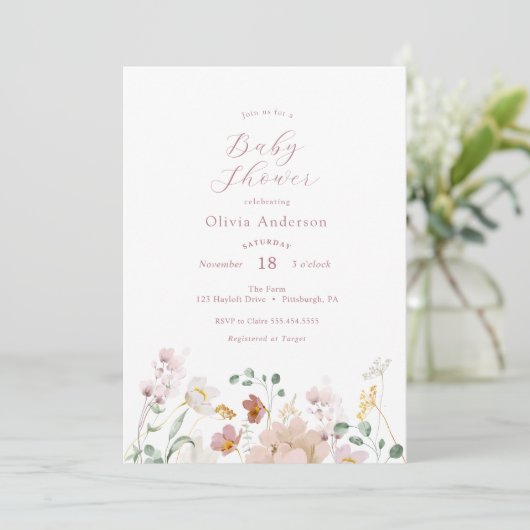 Roze blooming Flowers Baby shower Invitation Kaart (Staand voorkant)