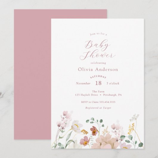 Roze blooming Flowers Baby shower Invitation Kaart (Voorkant / Achterkant)