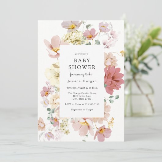 Roze blooming Flowers Baby shower Invitation Kaart (Staand voorkant)